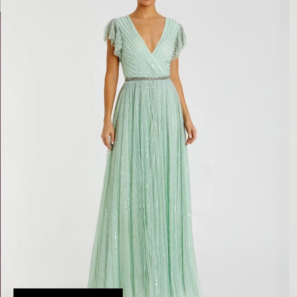 Mac Duggal Green Sequined Wrap Over Ruffled Cap Sleeve Gown NWT